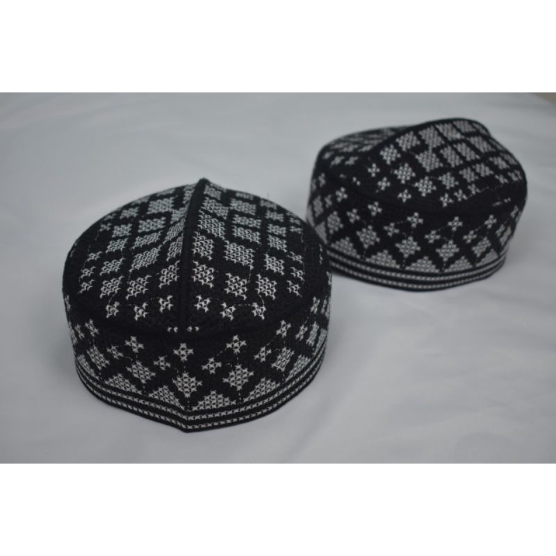 Peci Pakistan hitam motif putih bordir model terbaru