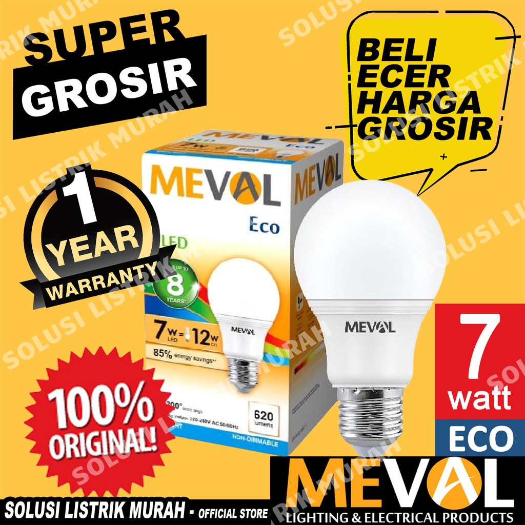 MEVAL Lampu Led Eco 7W Bulb Putih / Warm White / Kuning