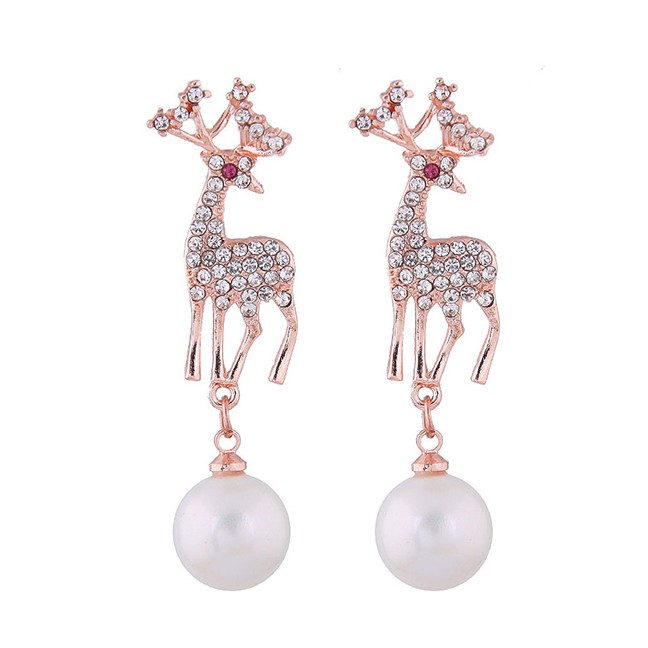 LRC Anting Tusuk Fashion Gold Christmas Deer Pearl Earrings A5806X