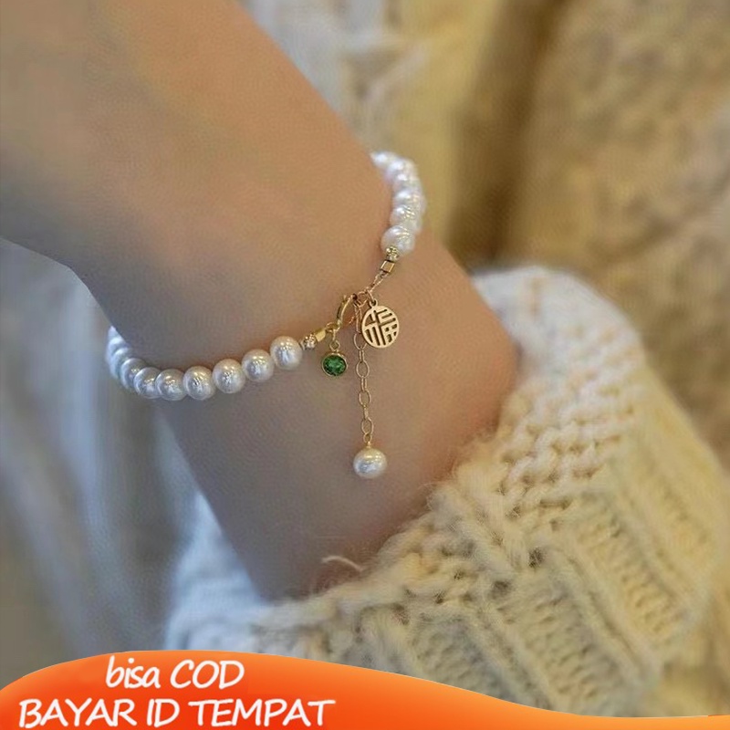 COD❤️Gelang Wanita Korea Merek Keberuntungan Lampu Aksesoris Gelang Mutiara Emas China Gaya Retro Fashion Murah Ready Stock-cl