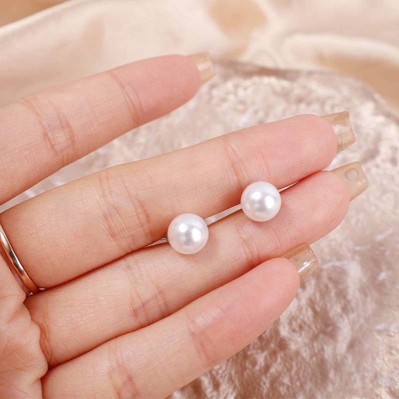 Anting Stud Mutiara Lapis Silver Ukuran 8mm Gaya Korea Untuk Wanita