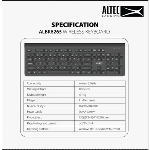 Altec Lansing ALBK6265 / ALBK-6265 Wireless Office Keyboard