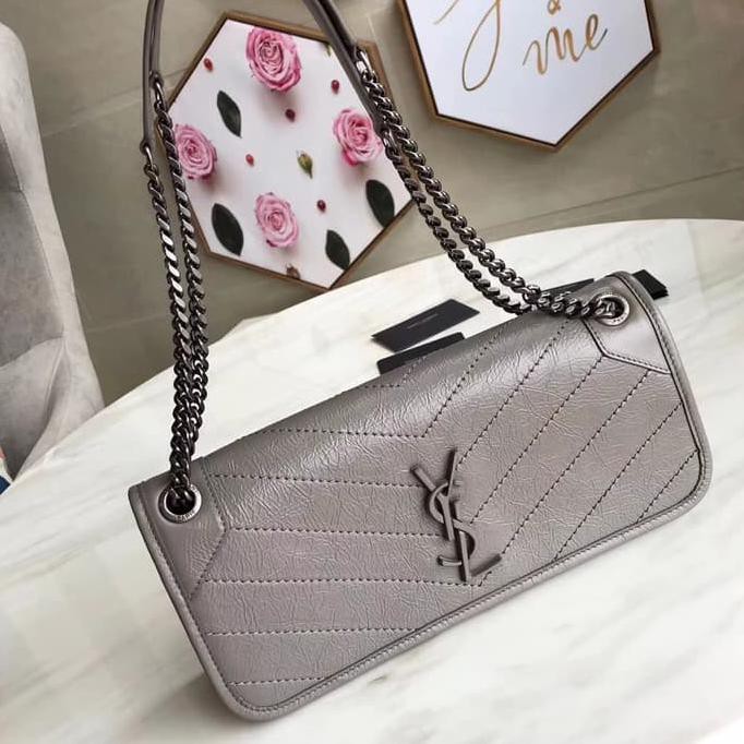 YSL Niki Clutch Grey 28cm Mirror Quality / Tas Pesta Wanita Branded