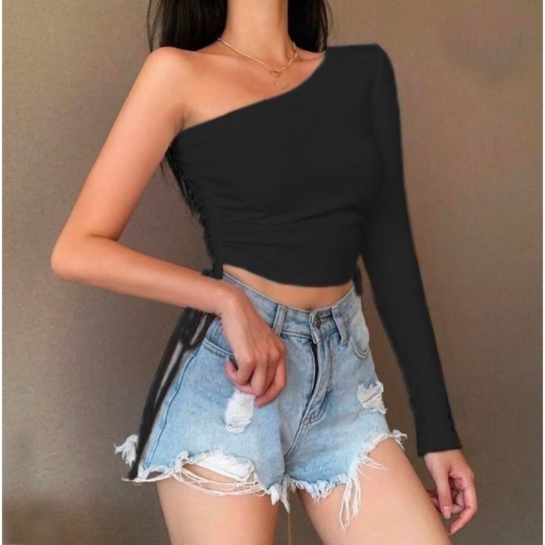 MDLV TOP DWEN RAJUT TOP ONE SHOULDER CROP SERUT RAJUT ATASAN CROP SEXY KOREA TERBARU FASHION WANITA