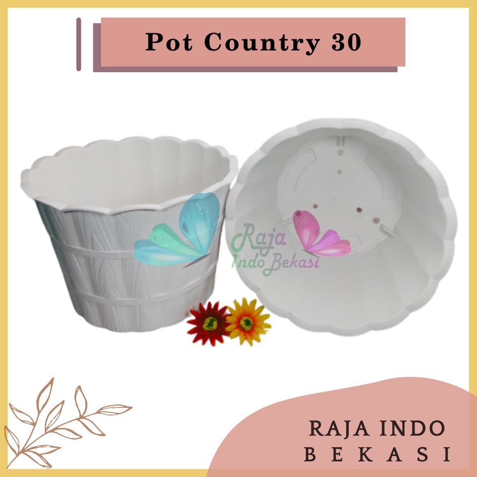 Rajaindobekasi Pot Shallom Country 30 Putih Pot Motif Gentong Kayu Tebal Cantik Pot Bunga Putih Besar Murah - Pot Motif Bambu Putih