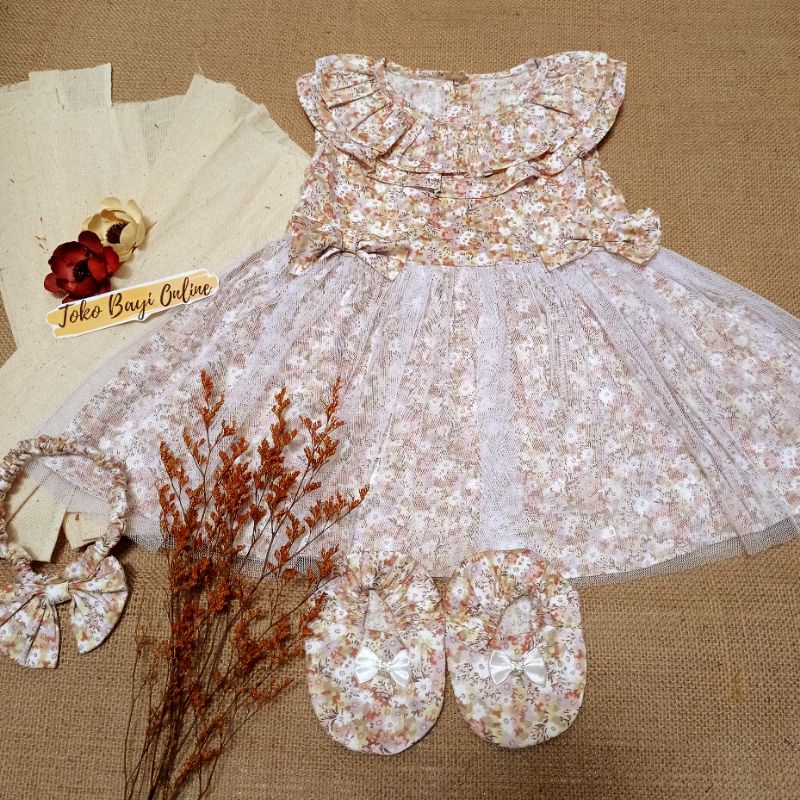 Dress bayi 0 6 12 bulan set sepatu bandana / bonnet Setelan Baju bayi Perempuan 100% Katun SNI Pakaian anak Cewek-3-12bl bandana maron