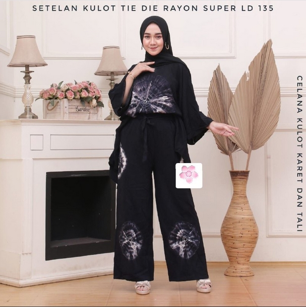 One Set Wanita Jumbo Rayon Premium Setelan Wanita Batik Lengan Panjang Set Celana Kulot Kekinian LD 135 cm