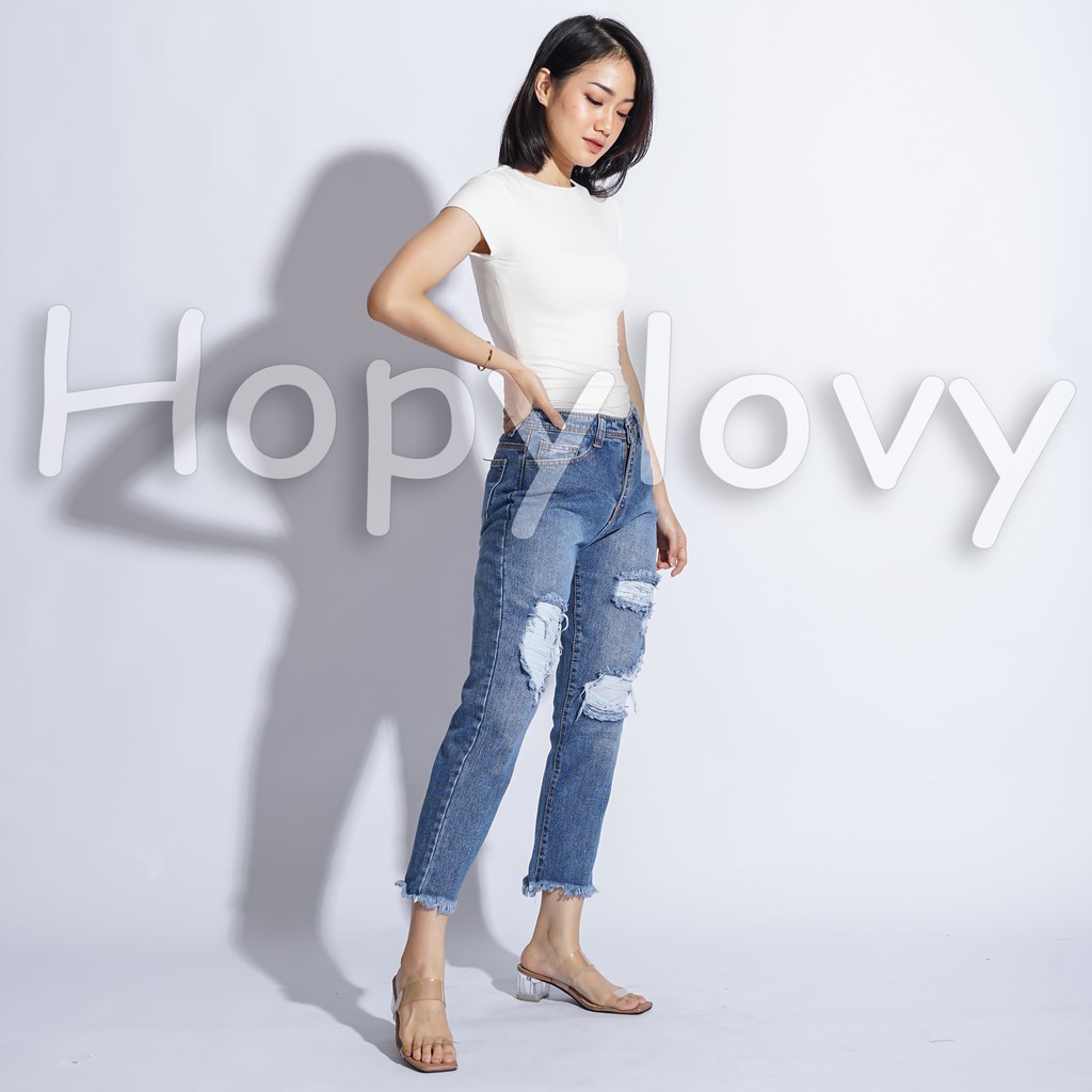 HOPYLOVY - Celana Boyfriend Ripped Jeans Wanita Rawis  Lucinna