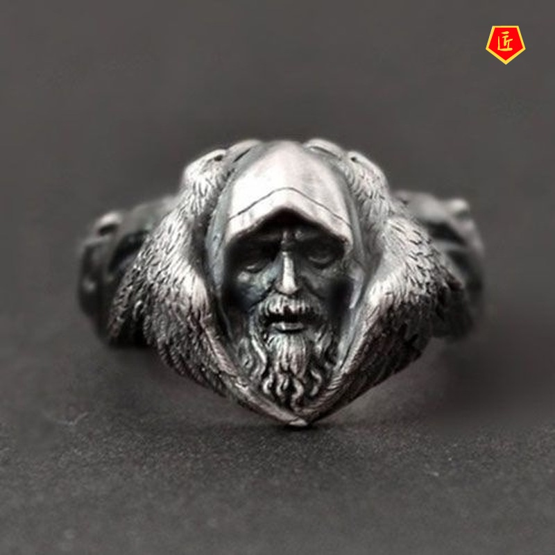 [Ready Stock]Creative Retro Odin God Viking Warrior Silver Black Ring