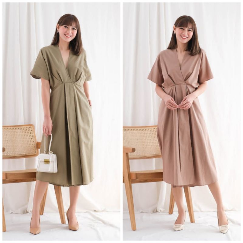 ❣️SPECIAL PRICE ♡ PREMIUM ♡ ORIGINAL ! NATHANIA VINTAGE BIG SIZE KIMONO V-NECK SLING PLAIN SLIT MIDI DRESS