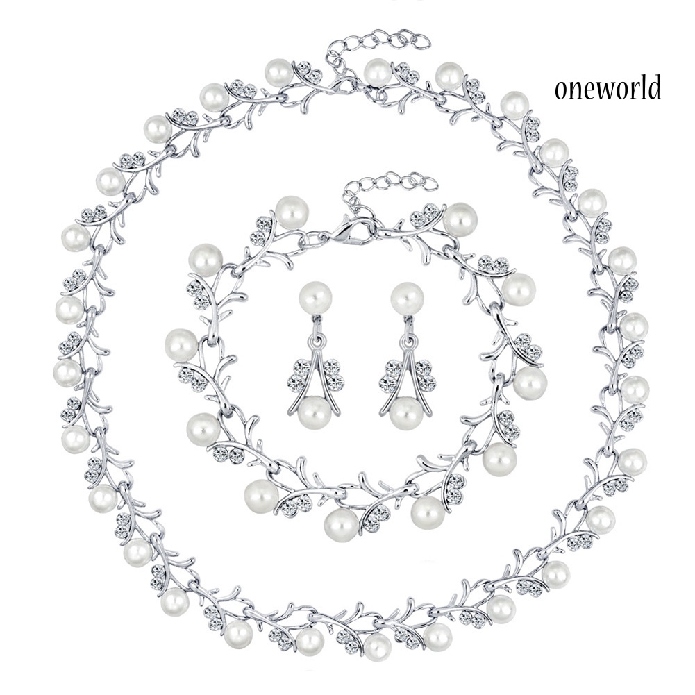 OW@ Women Bride Faux Pearl Rhinestone Necklace Stud Earrings Bracelet Jewelry Set