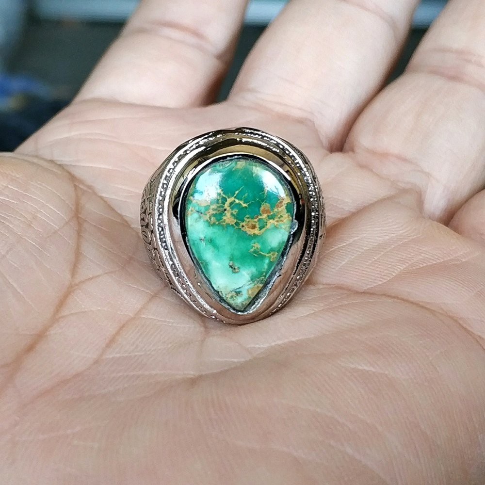 CINCIN BATU AKIK NATURAL PIRUS PERSIA HIJAU MOTIF TETESAN AIR