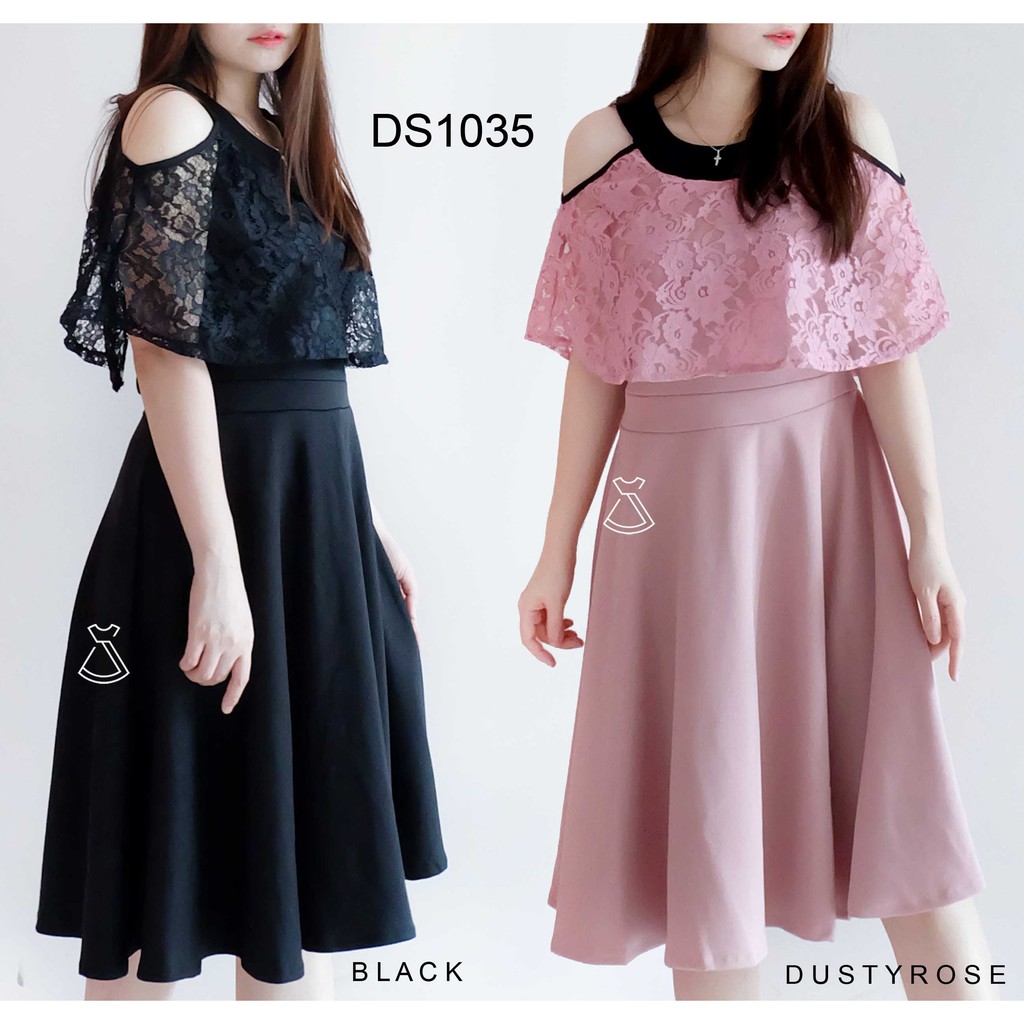 DS1035 - DRESS PESTA BRUKAT LACE SCUBA DRESS FLARE WANITA IMPORT MURAH NATAL