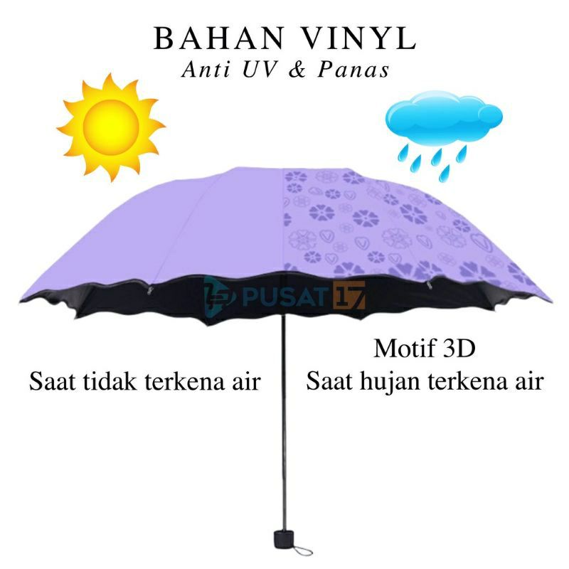 Payung Magic 3D Lipat Umbrella Anti UV Polos Warna Warni