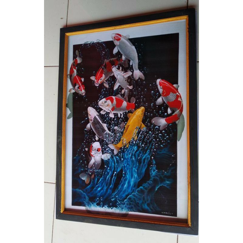 Lukisan cetak ikan koi 3D plus bingkai UK 65×45