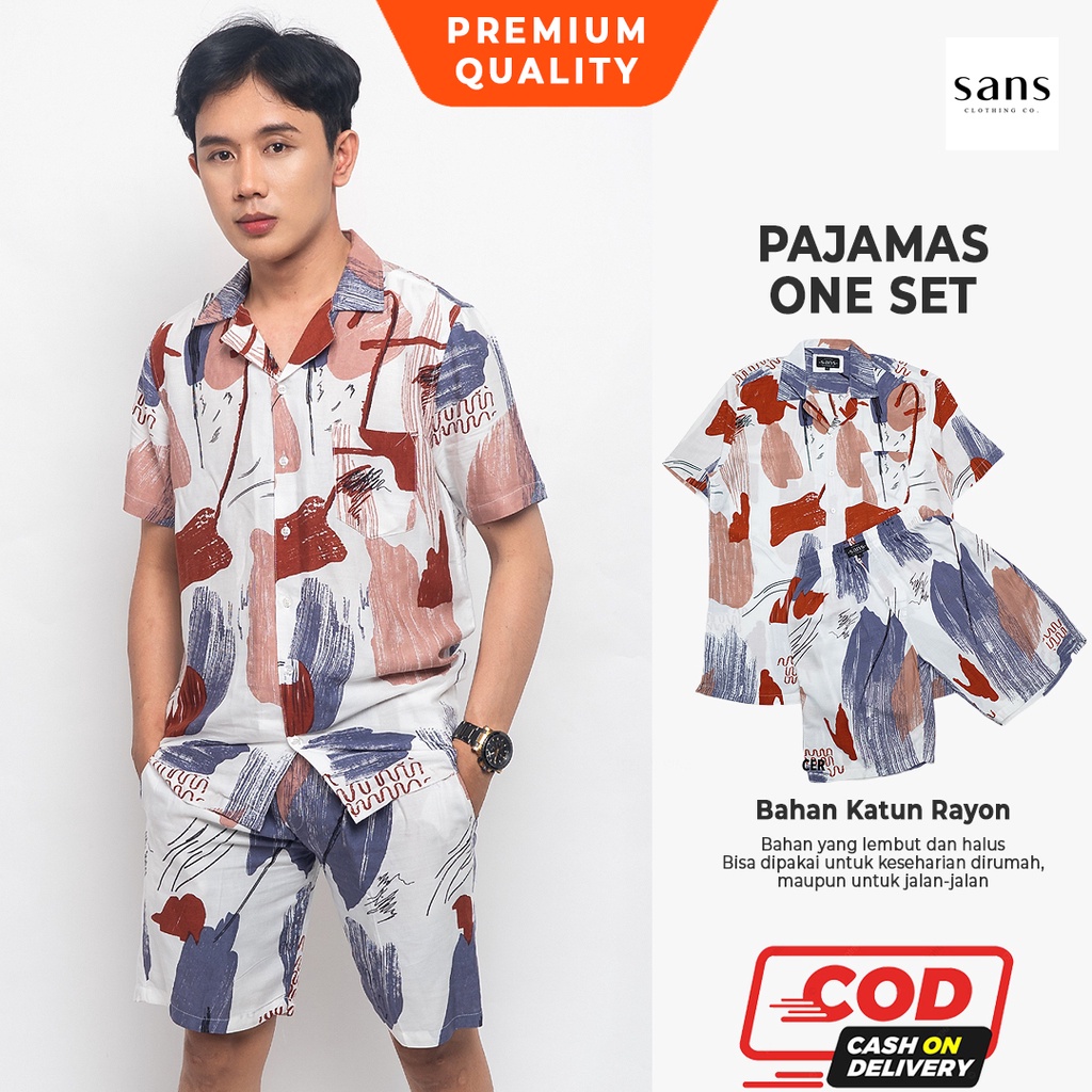 Pajamas One Set Katun Rayon Premium Lengan Pendek Kemeja Piyama Pria Dewasa Aloha Shirt Bahan Jatuh 