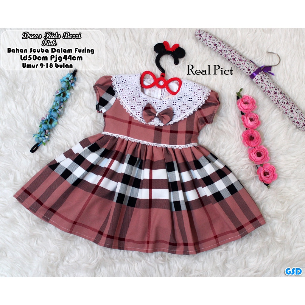 Dress Kids Berri/Gaun Bayi Motif Kotak Impor / Dress Baby Renda Berri Kids 9-12 Bulan/ Baju Jalan