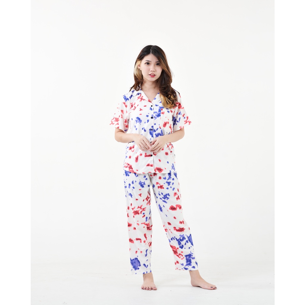 IZANY Piyama One Set Kemeja Pendek / Daily Set Kemeja Allsize Rayon Dischart-TIEDYE BLUE RED