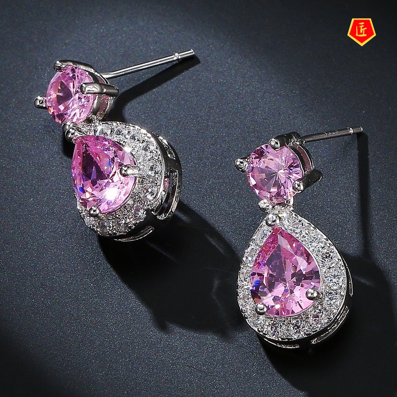 [Ready Stock]Fashion Diamond-Encrusted Twin Pink Gemstone Earrings