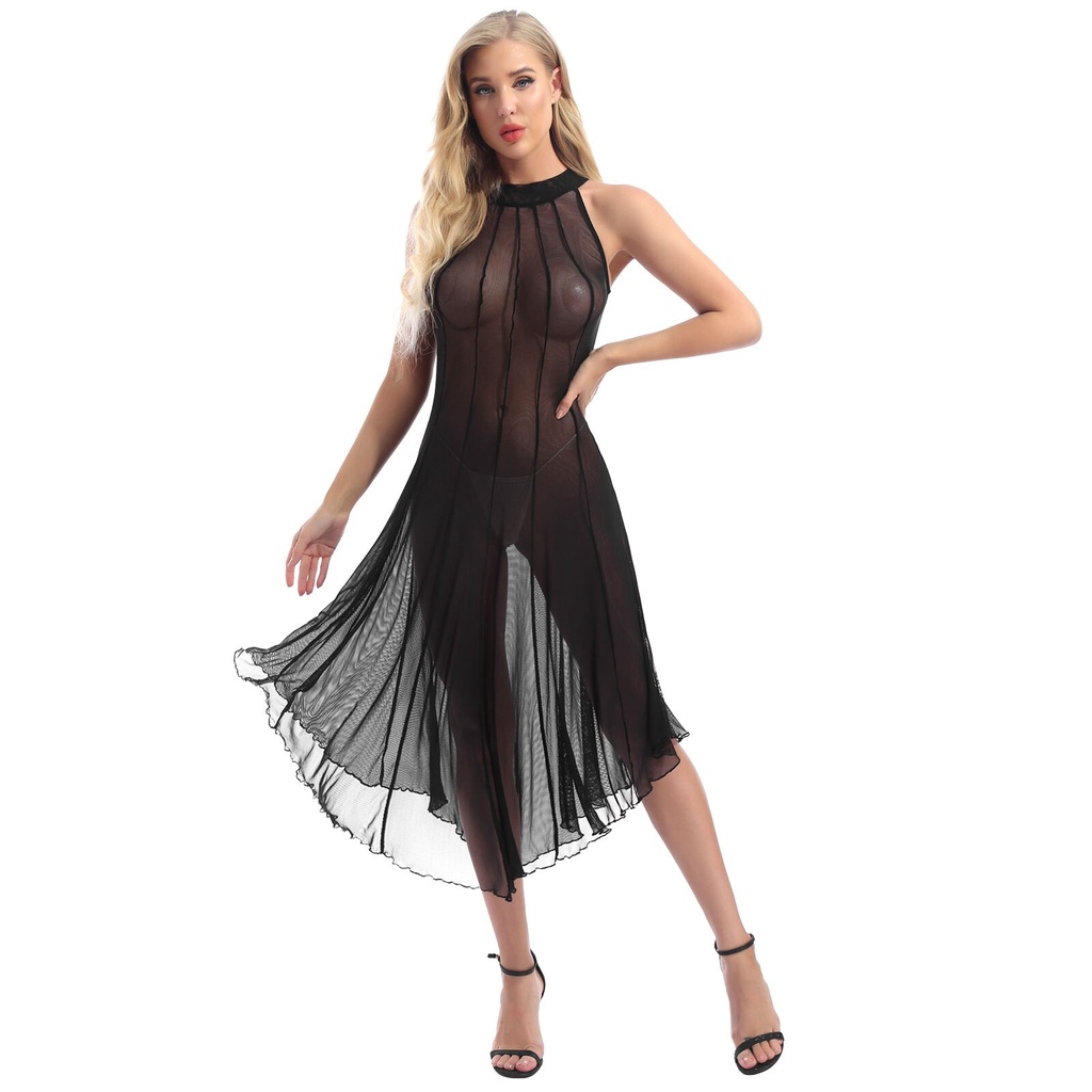 PREORDER Womens Lingerie Gothic See-through Mesh Dress Punk Mock Neck Sleeveless Sexy Rave