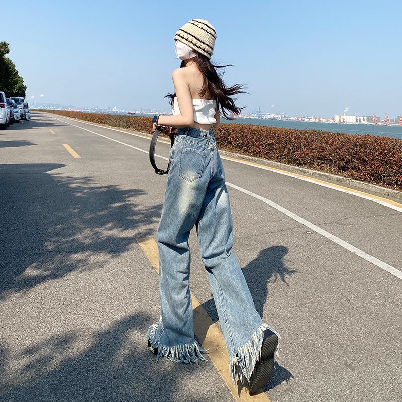 Red celana jeans wanita spring and autumn street leg ripped raw edge jeans wanita high waist straight wash old slim pants