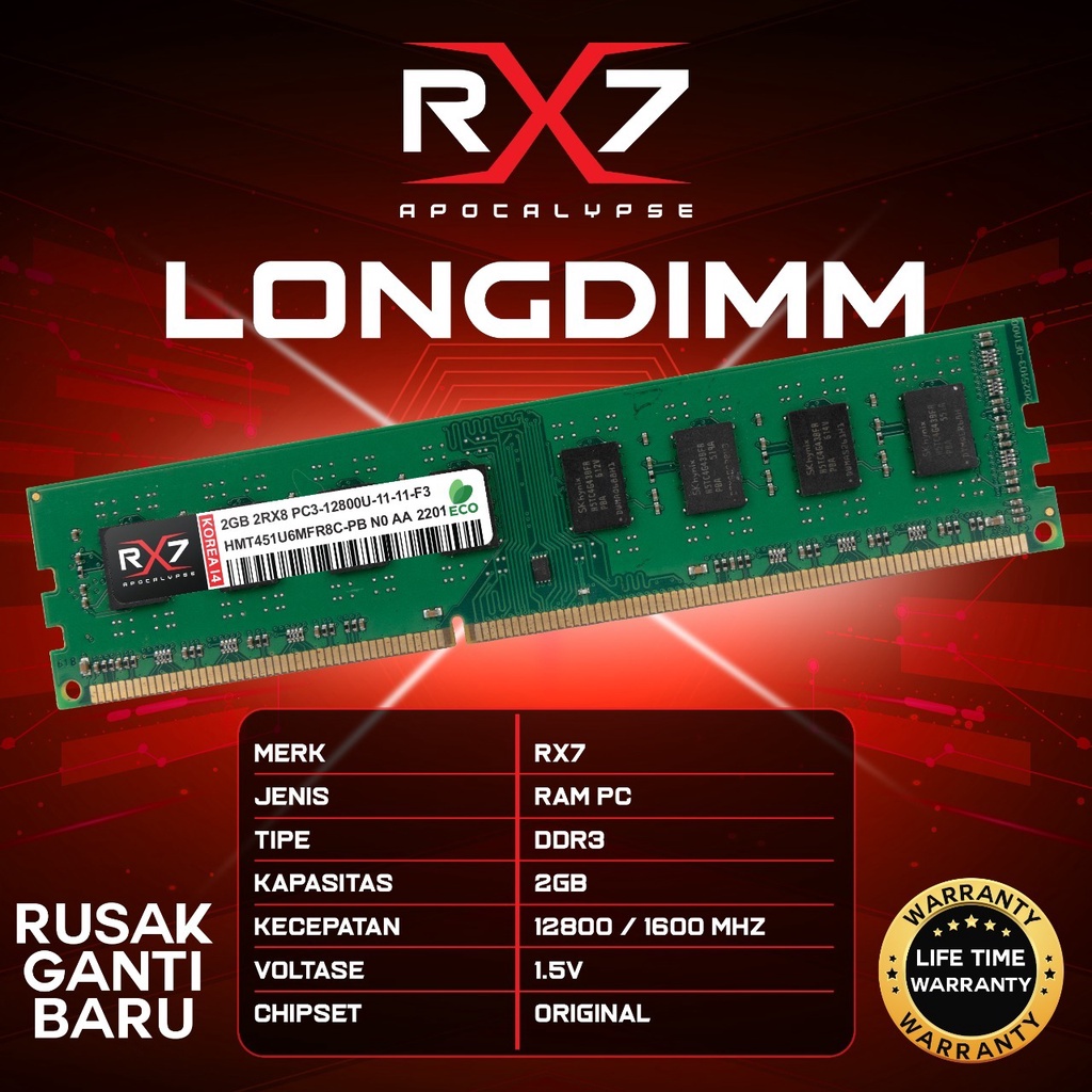 MEMORY RAM RX7 DDR3 2GB 12800 Mhz GARANSI LIFETIME WARRANTY