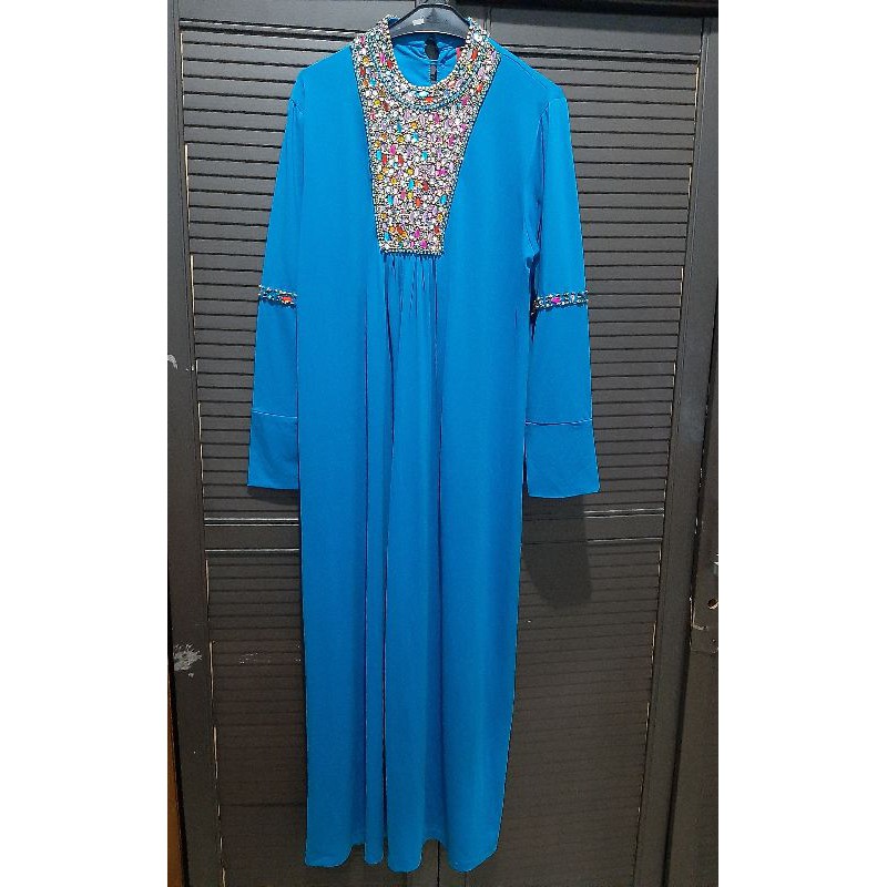 Maxi Dress Payet Batu Blue Dress Muslim Gamis Muslim Premium Wanita Raya Dress (Preloved)