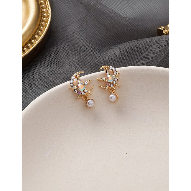 LRC Anting Tusuk Fashion Gold 925 Silver Needle Rhinestone Star Moon Stud Earrings D24604