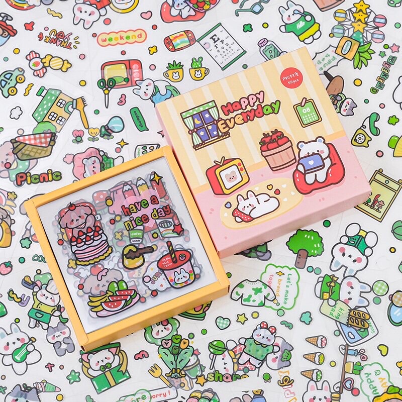 READY HAPPY EVERYDAY 1 LEMBAR STIKER KARAKTER KARTUN HEWAN LUCU CUTE CARTOON STICKER UNTUK DEKORASI 
