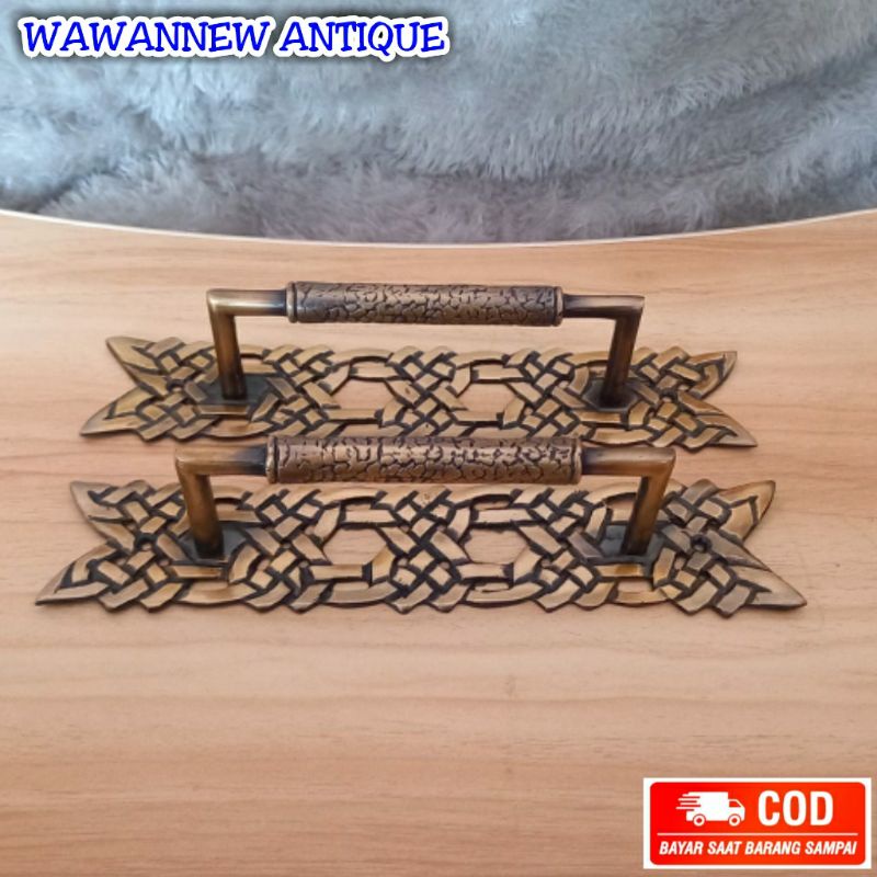 Handle Pintu / Gagang Pintu Rumah Pagar Kuningan Antik Motif Tali Ukir 24cm