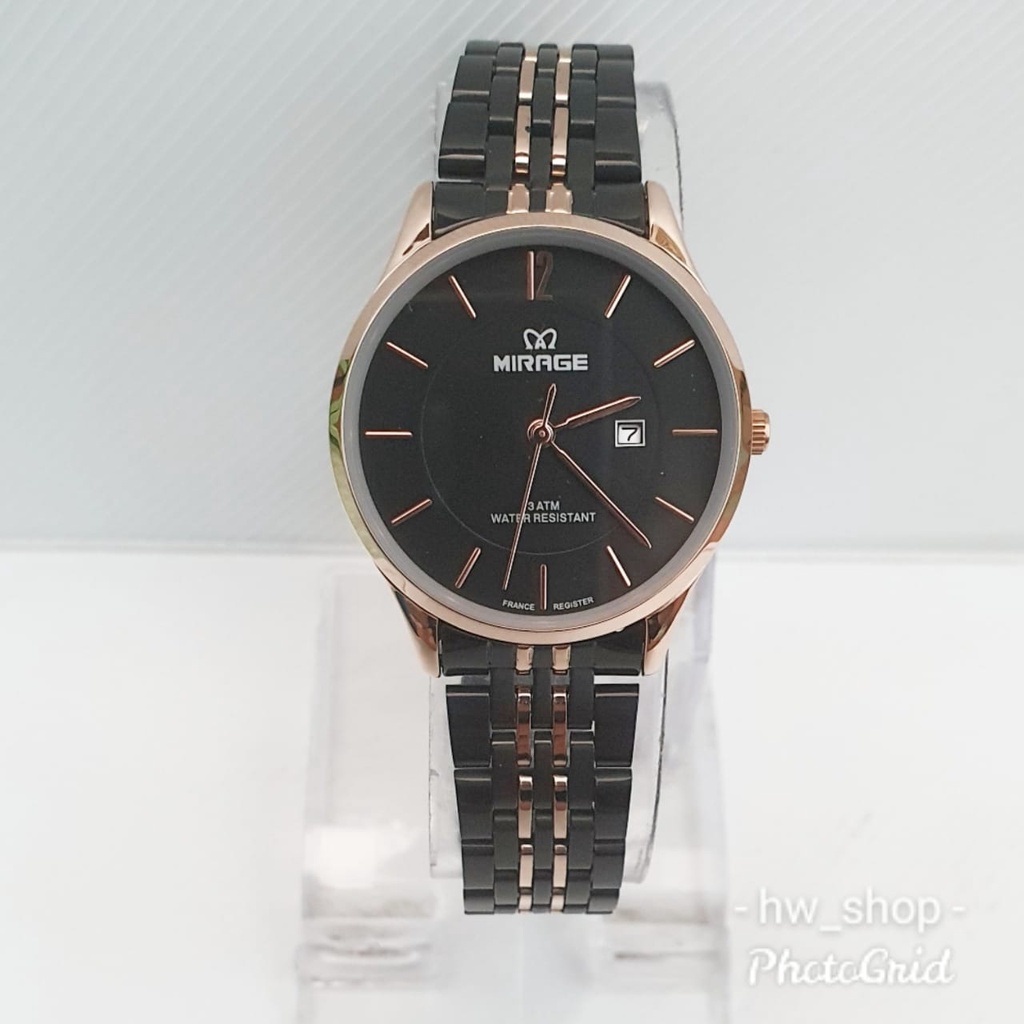 Jam Tangan Wanita Mirage 8647 Hitam List Rosegold Original