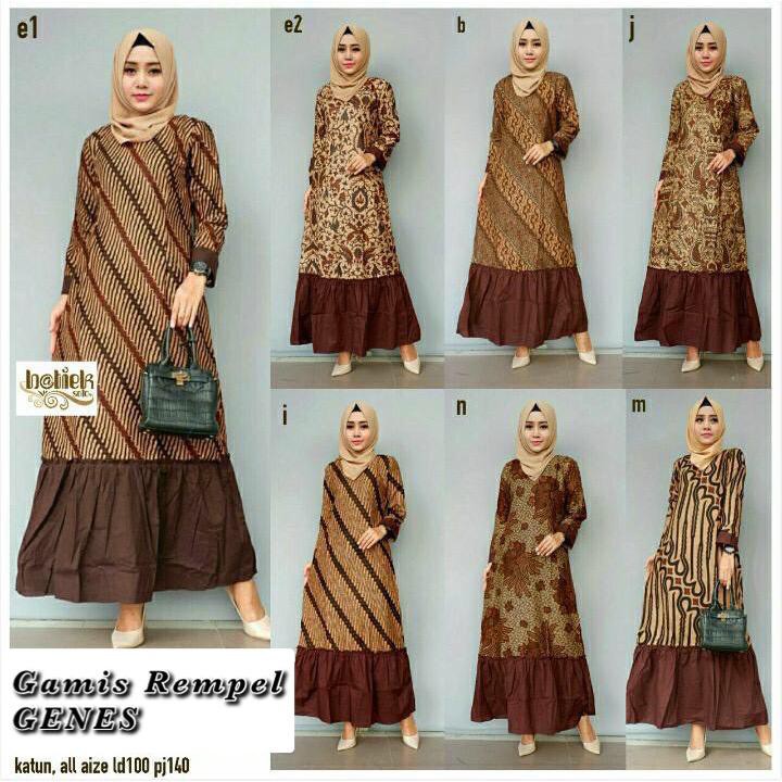 Gamis Rempel Genes Batik Wanita Modern Katun All Size Premium Cewek Motif High Quality Long Dress