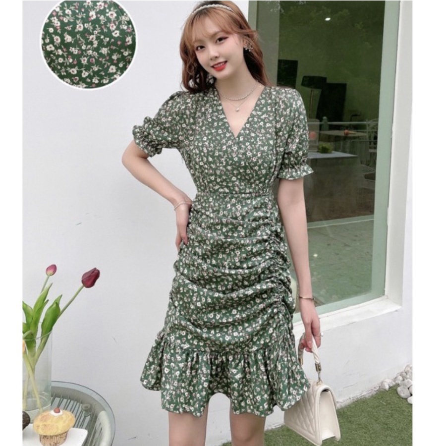 CASUAL KOREAN FASHION STYLE PREMIUM POLYESTER MINI DRESS MOTIF BUNGA