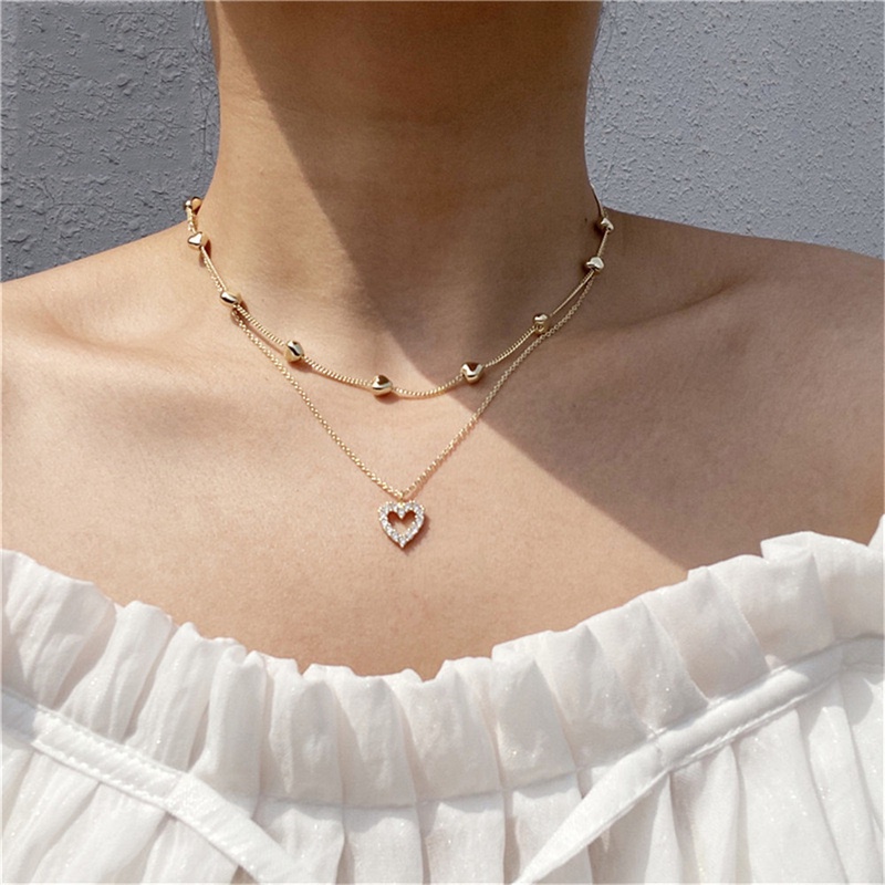 [Featured] Women Personality Double-layer Heart Zircon Pendant Necklace / Girls Fashion Clavicle Necklace