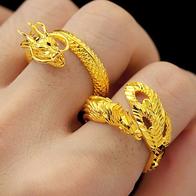 Fashion Golden Phoenix Dragon Cincin Pasangan Pria Wanita Perhiasan Baja Titanium Pernikahan Terbuka Cincin Ukuran Dapat Disesuaikan