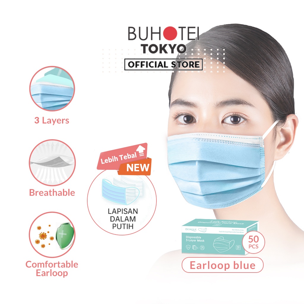 BUHOTEI Disposable Masker wajah EVO Earloop Face Mask Kesehatan masker medis-Blue 50pcs/ Box