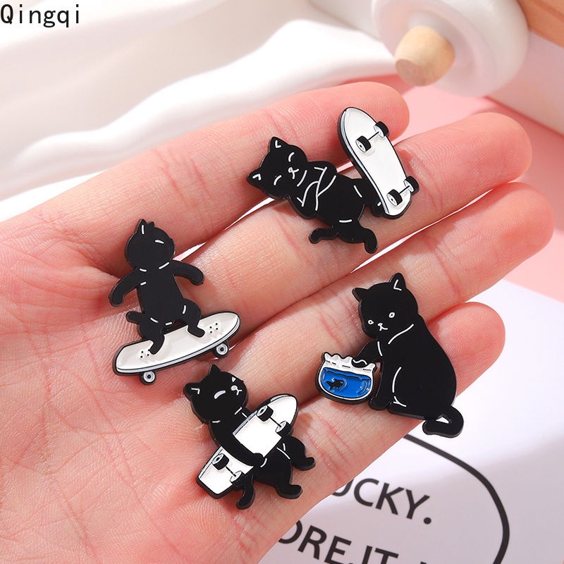 Bros Pin Enamel Bentuk Kucing Hitam Skateboarding Untuk Aksesoris Kerah