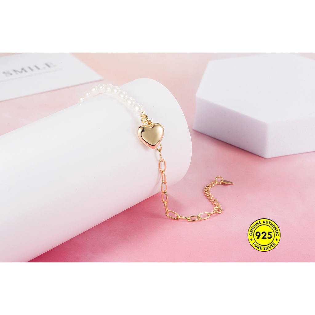 Gelang Bahan S925 Silver Aksen Mutiara Bentuk Hati Dua Warna
