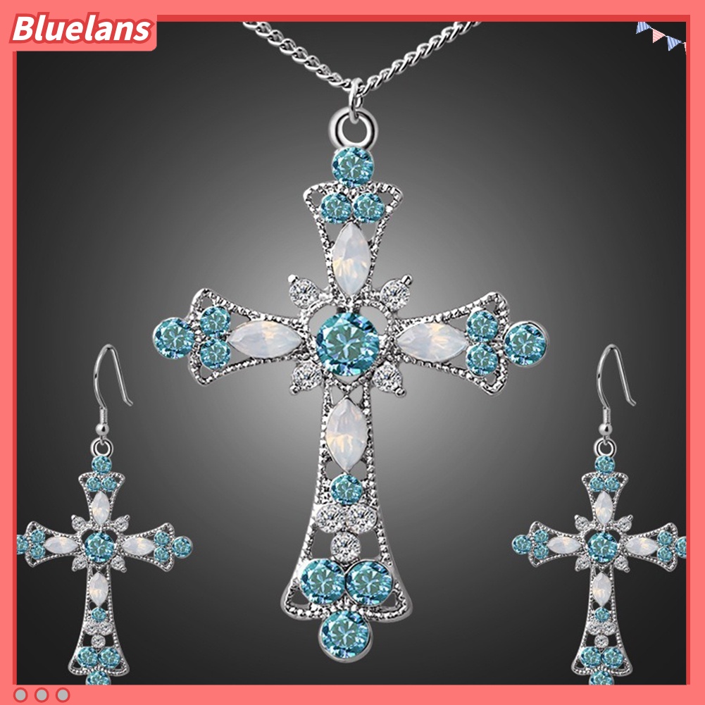 Bluelans Women Rhinestone Inlaid Cross Pendant Chain Necklace Hook Earrings Jewelry Set