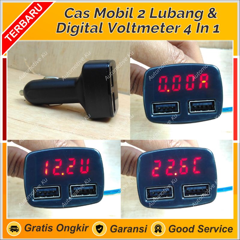 CAS HP COLOKAN LIGHTER/KOREK DI MOBIL MULTIFUNGSI 2 LUBANG + DIGITAL VOLT METER / VOLTMETER  + AMPER