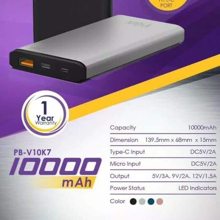 POWERBANK FAST CHARGING V-GEN PB-V10K7 10000 MAH ORIGINAL KUALITAS TERBAIK