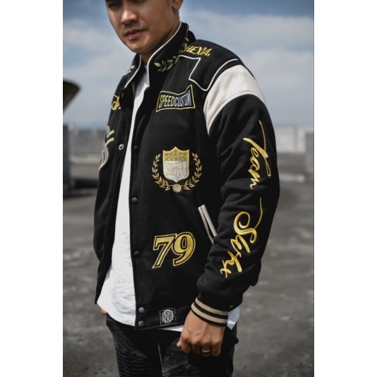 Varsity Jacket Premiun Black Gold - Jaket Baseball Varsity Fleece Cotton Full Bordir