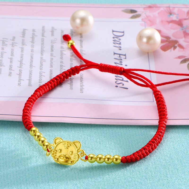 Goldkingdom Gelang Tangan Tali Merah Emas Asli Kadar 375Aksen Zodiak Cina Macan Bangkok2022 Untuk Perhiasan Bayi