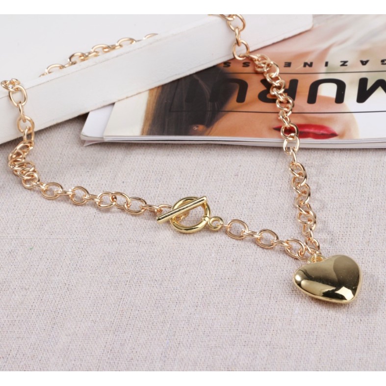 Korea Love Heart Clasp Necklace Peach Heart Retro Necklace Clavicle Chain Female