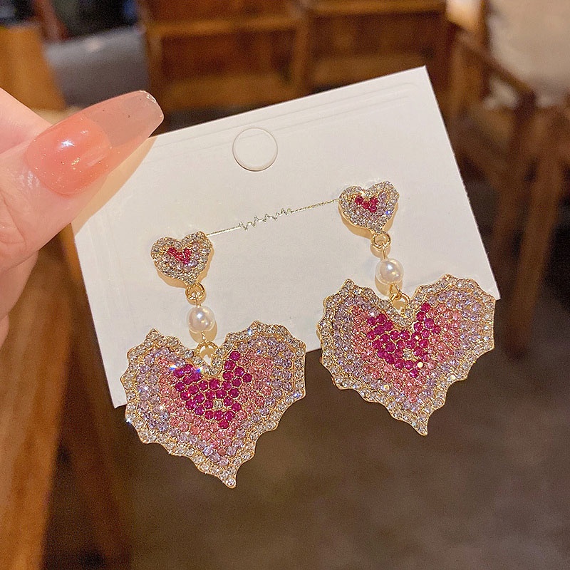 Anting Tusuk Berlian Imitasi Bentuk Hati Warna Pink Bahan silver 925 Untuk Wanita