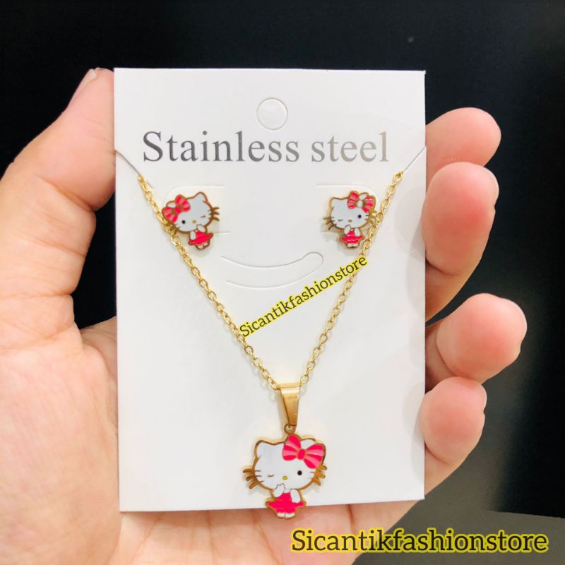 Perhiasan Set Anak Anak Hello Kitty Pink Anting Kalung Terbaru Terlaris Anti Karat Tidak Luntur Kalung Hello Kitty Pink Anting