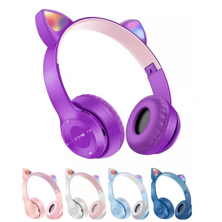 BRY11 / / P47M Headset Nirkabel Telinga Kucing LED Earphone Macaron Animasi Plungdapat Dilipat