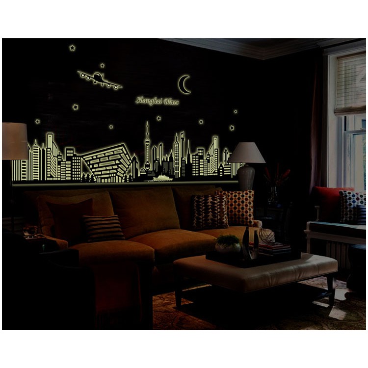 RELIZA WALL STICKER SANGHAI GLOW IN THE DARK SILUET HITAM KOTA CITY ABQ9636 STIKER DINDING