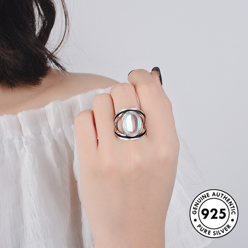 Cincin S925 Silver Aksen Batu Bulan Warna-Warni Gaya Retro