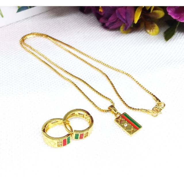 Anting Kalung Xuping Set Bandul Persegi Variasi Warna Merah Hijau - SS0017